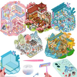 5 Sets DIY 3D Big Size Vintage House Sticker Scenes with Tweezers Make Your Own Undersea Temples Dessert Shop Scene Stickers Cute Micro Animal Room Stickers for Relief Stress Pass The Time