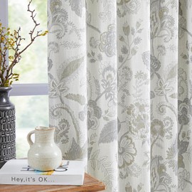 Kayne Studio Linen Textured Botanical Blackout Curtains Linen Grey Floral Farmhouse Drapes for Living Room Bedroom Thermal Room Darkening Jacobean Window Panels,Pinch Pleated Back Tab,40"x90",2 Panels