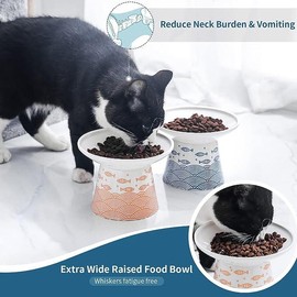 6.5-Inch Extra Wide Raised Ceramic Cat Bowl, Round Food and Water Bowl for Senior Large Felines and Small Dogs, Raised Sturdy Base Pet Feeding Tray, Stress-Free, Protects Cat's Spine - Color: Orange & Blue Net