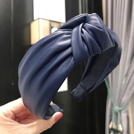 Faux Leather Headband with Knots, Women's Knotted Wide Headband Headdress Hair Bands Hair Accessories for Women Girls for Daily Wear, Navy Blue