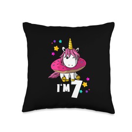 Funny Unicorn Birthday Design by xim. 7th Birthday I'm 7 Years Unicorn Donut Throw Pillow, 16x16, Multicolor