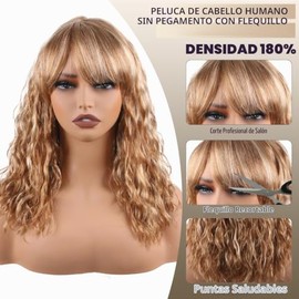 Peluca Pelo Humano Body Wave Marrón Rubio Flequillo 16 Pulg