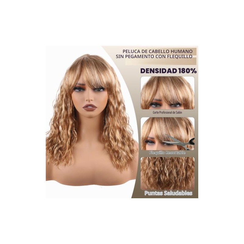 Peluca Pelo Humano Body Wave Marrón Rubio Flequillo 16 Pulg