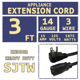 FNXPOW 3 Ft Heavy Duty Appliance Extension Cord - 14 Gauge 3 Prong SPT-3 Cable Wire, Ideal for Air Conditioners, Refrigerators, and Major Appliances - Indoor Use, Black