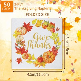 Chinco 50 Pieces Fall Thanksgiving Paper Napkins Disposable Cocktail Give Thanks Dinner Napkins Luncheon Leaf Pumpkin Garland Autumn Napkins for Party Supplies Table Decor (4.5 x 4.5 Inch)
