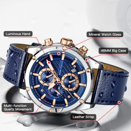 MF MINI FOCUS Mens Watch Business Casual Wrist Watches (Multifunction/Waterproof/Luminous/Calendar) Blue Leather Strap Fashion Watch for Men