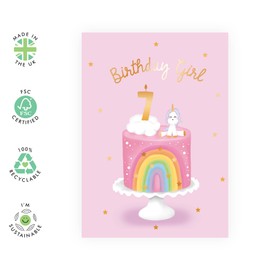 Central 23 Seventh Birthday Card for Girls - Happy 7th Birthday Card - Age 7 - Seven Year Old - Rainbow Cloud and Unicorn for Kids - Daughter - Granddaughter - Comes With Fun Stickers