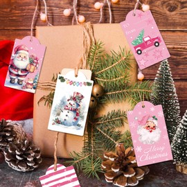 60 Pcs Christmas Hang Tag Gift Tags with String, Pink Christmas Snowman Holiday Small Cards, Gift Decoration Hang Tag Hanging Tags Label, Box Decoration