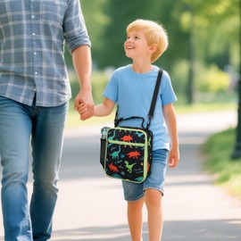 BrainyBees Kids Lunch Bag with Shoulder Strap - Insulated Kids Lunch Box for Boys, Side Pocket for Water Bottle, Lunch Tote Bag for School, Black Dino