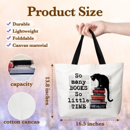 So Many Books So Little Time Canvas Tote Bag, Cat Lover Gifts, Reusable Grocery Shopping Bag, Book Club Black Shoulder Tote Bag, Gifts For Women Cat Mom Reader Bookish Bookworm Book Nerd Friends, B08
