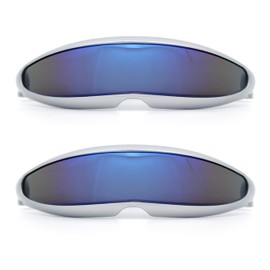 SA106 Mirror Lens Monolens Cyclops Robotic Futuristic Sunglasses [2-pack] Silver - Blue Mirror