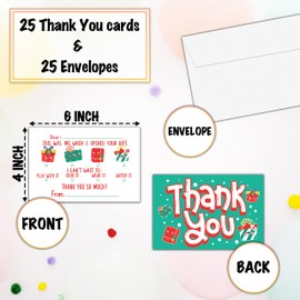 KFNER Kids Christmas Thank You Cards, Holiday Fill In The Blank Thank You Card, Cute Thank You Notes for Boys Girls, Xmas Party Favors Supplies (25 Set of Cards with Envelopes) - A06
