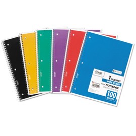 Mead Spiral Notebook, 1 Subject, Wide Ruled Paper, 100 Sheets, 10-1/2" x 8", Color Selected For You, 1 Count (05514)