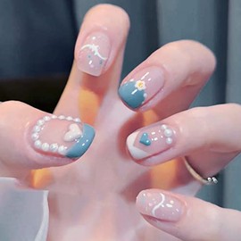 24pcs Cute Nail Stickers Nail Tips Pearl Blue Short Nails Fake Nails