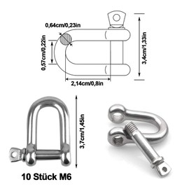 Pack of 10 M6 Shackles Stainless Steel, 304 Stainless Steel D Ring Shackle, D Shape, with Screw Cap Bolts, Wire Rope Connector, 304 D Ring Shackle, for Rigging Steel Rope Cords Chains Shackles