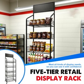5 Tier Retail Candy Display Rack Metal Storage Shelf with Wheels & 15 Hooks Concession Candy Snack Display Racks Sturdy and Stable Chip Shelf Rack for Stores, Kitchen, Office (Black, 19.7*10.6*65 in)