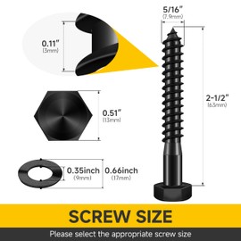Mywish 12Sets 5/16" x 2-1/2" Lag Bolts, Stainless Steel Heavy Duty Hex Head Lag Screws, Construction Black Lag Screws for Wood Working & Outdoor Use with Washers and Hex Socket Drill Bit