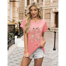 LETSEE Womens Vintage Floral Shirts Cute Crew Neck Boho Graphic Tees Short Sleeve Casual Tops Dark Pink S