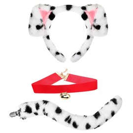 YQkangzhu 3pcs Dalmatian Costume, Dalmatian Dog Ears Headband Tail Velvet Collar, Dalmatian Animal Costume Accessories