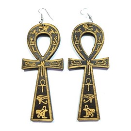 Teri's Boutique Teri's Boutique Egyptian Ankh Cross Wood Engraved Ancient Symbol of Life Fashion Jewelry Dangle Earrings (Dark Brown)