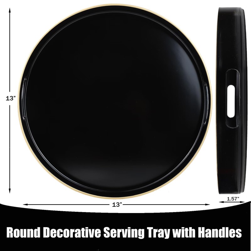 Omuriko Black Round Decorative Tray with Handles, 13" Versatile Serving