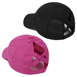 AoMoon Criss Cross Adjustable Ponytail Baseball Cap Quick Drying Sun Hats UV Protection Sport Cap for Women… Black Red