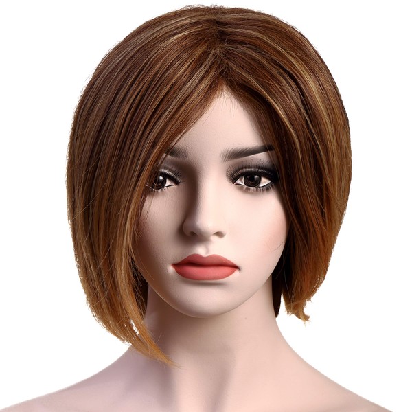 OneDor 13 Inch Amber Blonde Short Straight Hair Wig with Swept Bangs. Made with Premium Synthetic Fibers for Realistic Shine, Natural Texture, and Color. Wig Cap Incl.