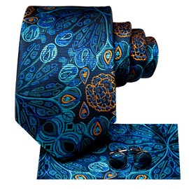 Hi-Tie Silk Paisley Ties for Men Necktie Pocket Square Cufflinks Set Foral Tie Sets Formal Business, Blue Designer, Medium