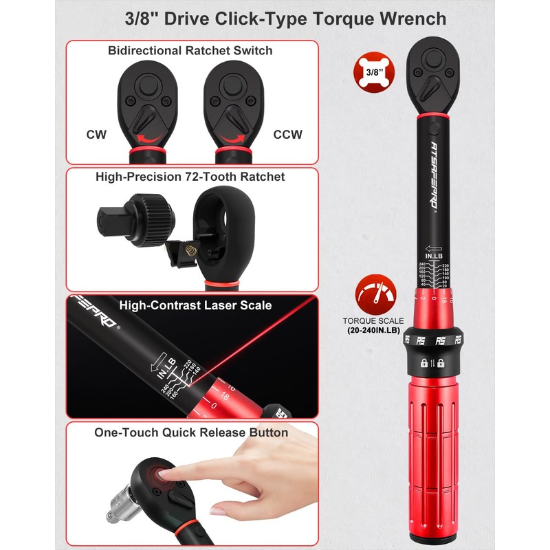 ATsafepro 3/8" Drive Inch Pound Torque Wrench 20-240 IN.LB, +/-3%