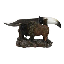 Ebros Gift 10.25" Long Rustic Western Wildlife Native American Bison Buffalo Display Holder with Blunt Stainless Steel Sculpted Horn Dagger Figurine Set Knife Letter Opener