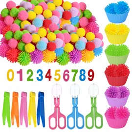 LECEHIVO 188 Pcs Fine Motor Skills Counting Sorting Sensory Toy Set 72 Hedge Ball 5 Tweezer 3 Scissor Clip 18 Sorting Cup 60 Pom Pom 30 Number Ornament for Education Preschool Training