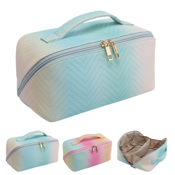 2023 Rainbow Color Large Cosmetic Bag for Women,Colorful PU Leather Waterproof Portable Travel Make Up Bag With Handle and Divider Flat Lay Makeup Organizer Bag (Blue Gradient)