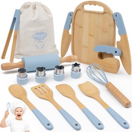 Wooden Kids Cooking Set Montessori Kit - Real Toddler Kitchen Tools & Baking Utensils - 15PCS Cooking Kit for Kids with Storage Bag, Great Gift for Pretend Play & Montessori Learning (Blue)