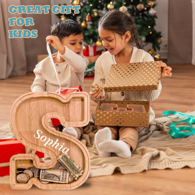 JOOMLAFLY Wooden Letter Piggy Bank for Kids 9"Clear Coin Bank