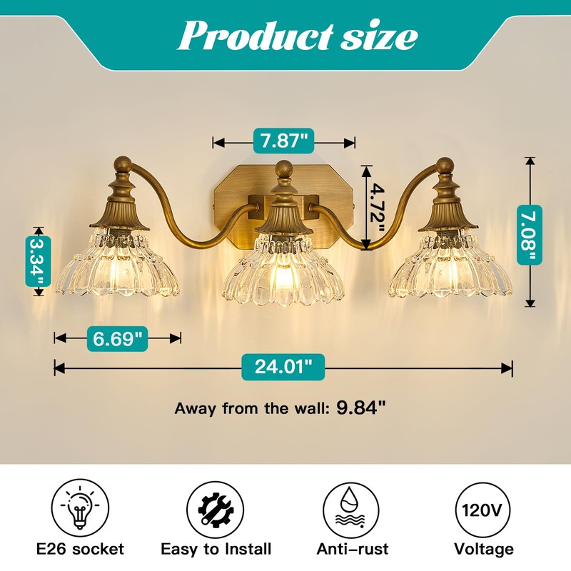 hesoge Vintage Bathroom Light Fixture Brushed Gold Vanity Light with