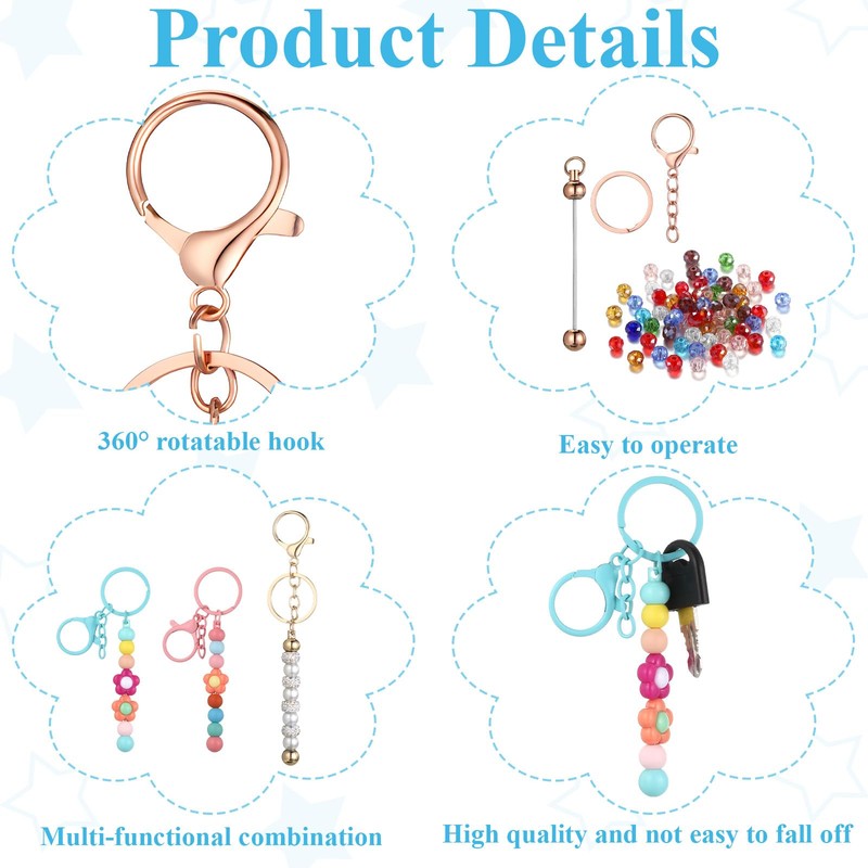 Exclaith 42 Pcs Beadable Keychains Bulk Kit Blank Beaded Metal