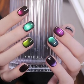 Short Press on Nails Square Fake Nails with Discoloration Cats Eye Design Gradient Glue on Nails Color Glossy Nail Press ons Short Square Acrylic Artificial Stick on Nails for Women 30Pcs