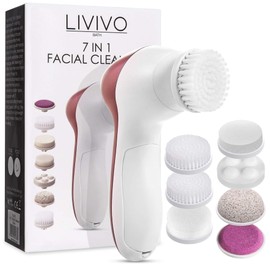 LIVIVO Electric 7 in 1 Facial and Foot Skin Cleanser with 7 Rotating Brush, Massage and Abrasive Pumice Attachments for Softer Smoother Radiant Skin (Rose Gold)