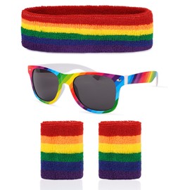 4 Pcs Striped Sweatband Set Cotton Headband Rainbow Wristband with Multicolour Sunglasses for Athletic Men and Women