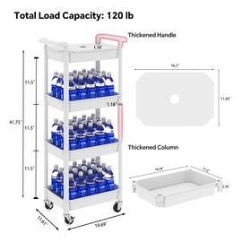 STEEHOOM 4 Tier Rolling Cart with Handle, Utility Cart with Table Top Easy Assembly Bathroom Storage Cart on Wheels for Office, Living Room, Kitchen, Craft Room, White