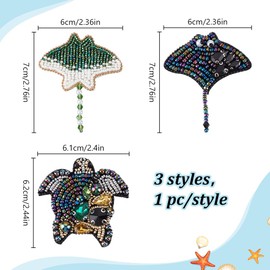 INFUNLY 3 PCS Ocean Animals Embroidered Rhinestone Patches Turtle Patch with Beads Crystal Sew on Beaded Patch Handmade Devilfish Embroidery Applique for Clothing DIY Crafts Dress Hats Jackets Bags