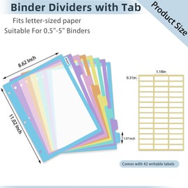 48Pcs/6 Set 8 Tab Dividers, Clear Plastic Binder Dividers with Tabs, for 3 Ring Binder, Letter Size, Multicolor