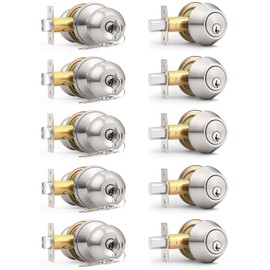 Probrico 5 Sets-Keyed Alike Entry Door Knob with Single Cylinder Deadbolts, Keyed Handleset for Front Door Exterior and Interior Hardware, Entry Lockset Lever Set Satin Nickel, Contractor Pack