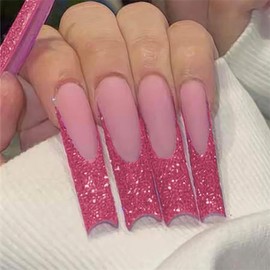 QQPPOLIU Extra Long Press on Nails Square Shape Glitter Glue on Nails with Design Stick on Nails for Women 24pcs