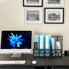 SUPEASY Desk Organizers Metal Desk Magazine File Holder with 5 Vertical Compartments Rack File Organizer for Office Desktop, Home Workspace, Black Plus