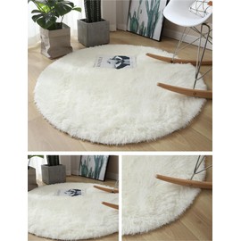 Fychuo Round Rugs Living Room Cream Rug 120x120cm Rugs for Bedroom White Fluffy Rug Thickened 4cm Faux Fur Rug Soft Circle Rug Room Decor Anti Slip Carpet 47x47in