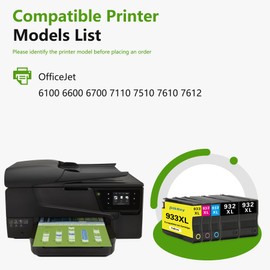 932XL 933XL Ink Cartridges Combo Pack Compatible 932XL 933XL Ink Cartridge Replacement for Officejet 6100 6600 6700 7110 7610 7612 Printer (5 Pack,2Black/1Cyan/1Magenta/1Yellow)