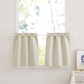 PONY DANCE Kitchen Net Curtains, Modern Short Curtains for Bathroom, Window, Motorhome, Opaque Bistro Curtains, Set of 2, W 60 x H 90 cm, Light Beige