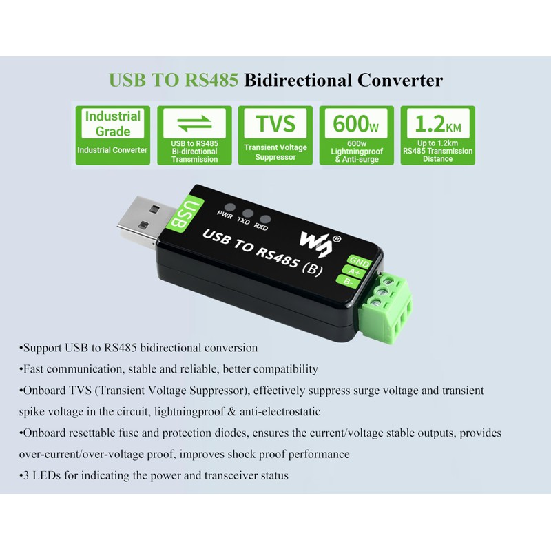 Wonrabai Industrial USB to RS485 Bidirectional Converter with Original CH343G,