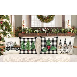 4TH Emotion Buffalo Check Christmas Pillow Covers 16x16 Set of 4 Black White Farmhouse Xmas Decorations Gnomes Trees Truck Winter Holiday Decor Throw Cushion Case for Home Couch S24C07-16